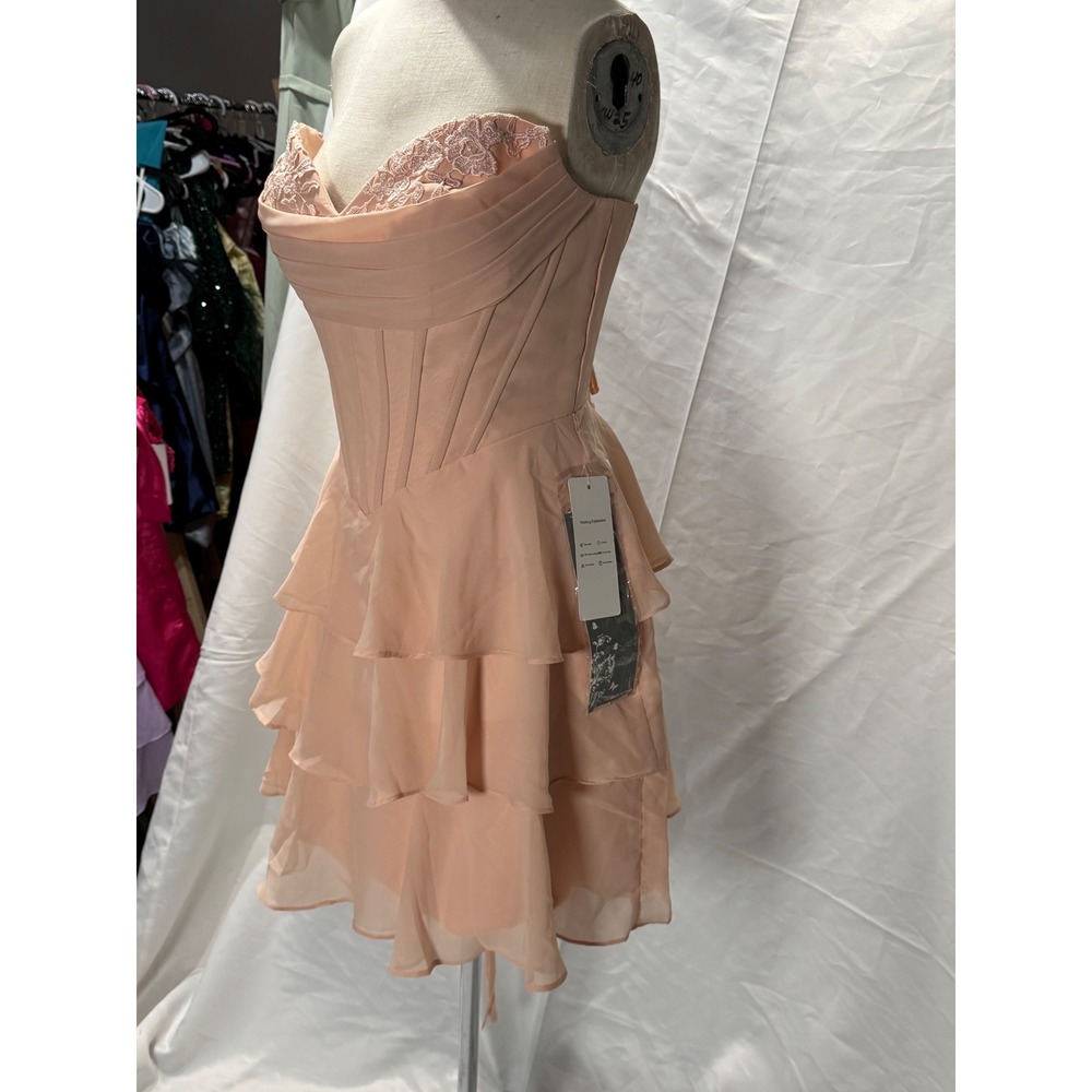 Pink Corset Mini Dress Lace Sweetheart Tiered Ruffle Skirt Lace Up - Picture 2 of 3